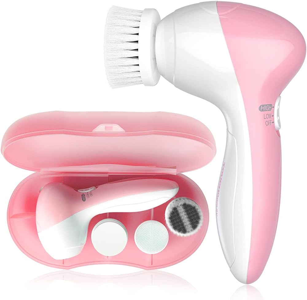 TOUCHBeauty Facial Cleansing Brush Set with Case & 3 Spin Brush Heads for Beginner/Teenagers, Battery Powered, Mini Travel Size Pink