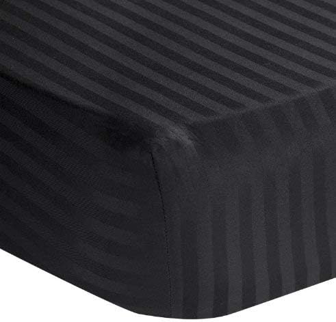 { 600-TC } 1-Piece Fitted (Bottom) Sheet Super Soft Egyptian Cotton Soft Sateen Bed Fitted Sheet fit Upto 19Ó- 21'' inches Deep Pockets { California Queen (60" X 84") Black Stripe Color }