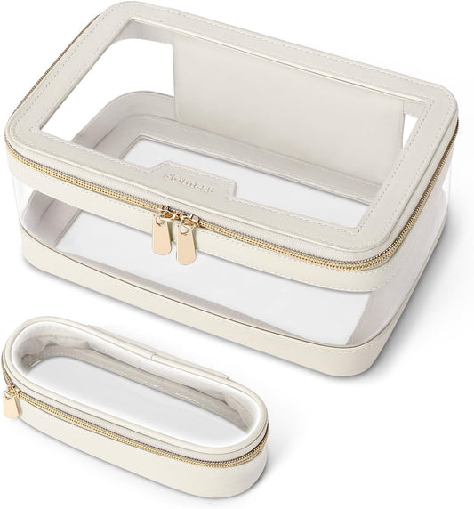 Soimeat Travel Clear Makeup Bag with Makeup Brush Bag, Leather Makeup Case Toiletry Bag, Portable Cosmetic Bag Case, Transparent Waterproof Cosmetic Organizer Storage Bag for Women, Off-White