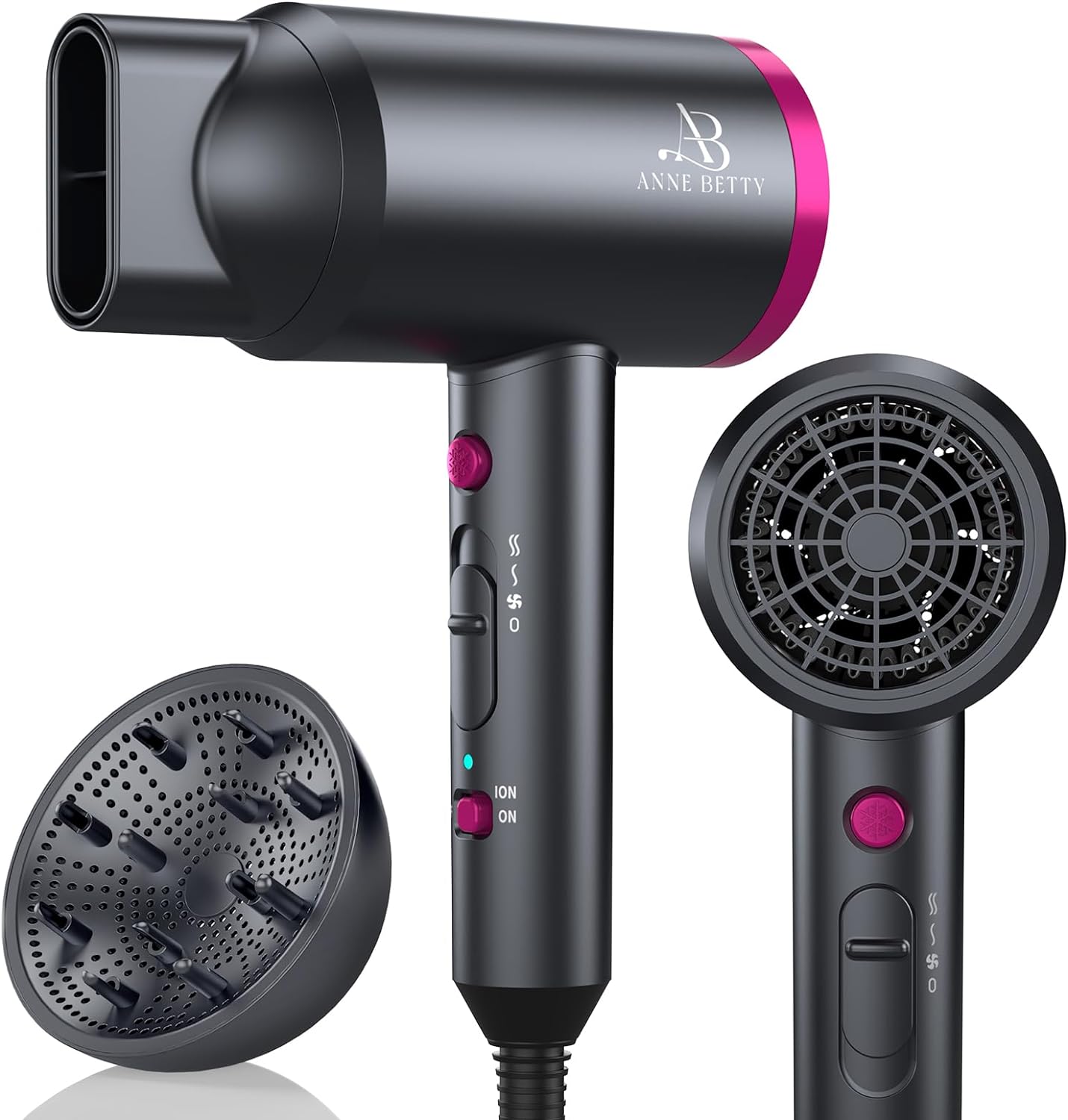 ANNE BETTY Hair Dryer with Diffuser, Blow Dryer for Curly Hair for Women/Men, 1800 Watt Ionic HairDryer, Blow Dryer with Nozzle for Fast Drying as Salon, Lightweight and Quiet