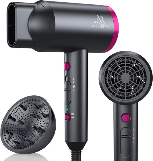 ANNE BETTY Hair Dryer with Diffuser, Blow Dryer for Curly Hair for Women/Men, 1800 Watt Ionic HairDryer, Blow Dryer with Nozzle for Fast Drying as Salon, Lightweight and Quiet