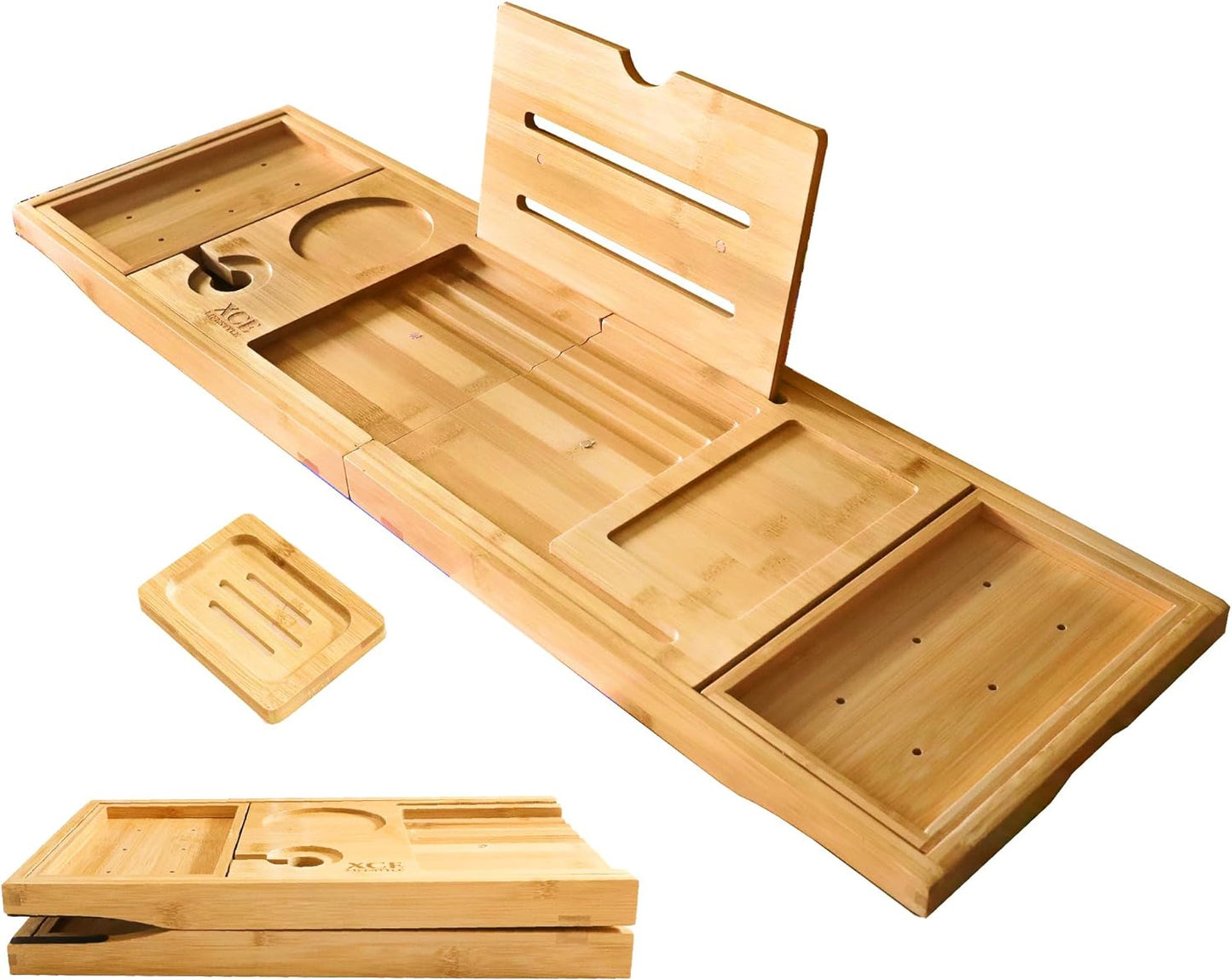 XcE Foldable Bathtub Tray Expandable to 105cm for Luxury Bath, Bath Tray for Bathtub, Natural