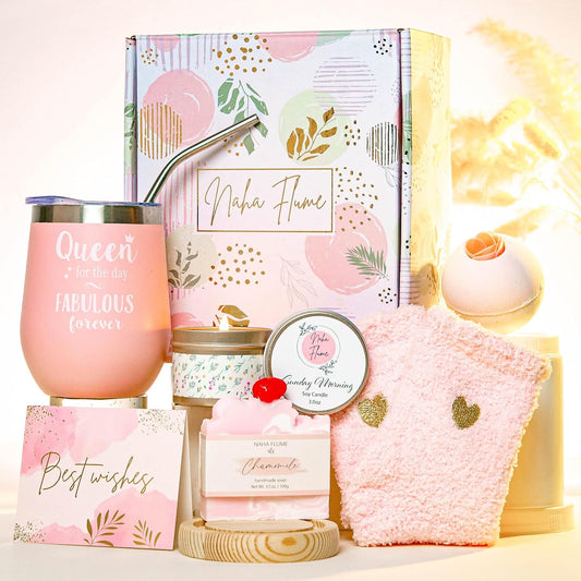 6pc Luxury Spa Gifts for Women - Tumbler Bath Gift Set for Women - Gifts for Women Who Have Everything - Self Care Gifts for Women - Relaxation Gifts for Women - Pink Gifts for Women Mom Sister Friend