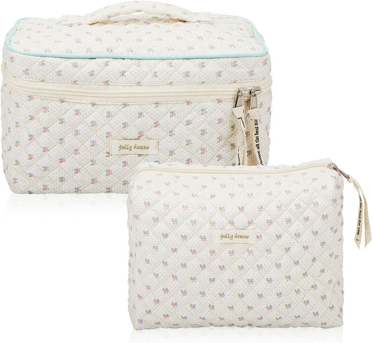 Zeyune 2 Pcs Cotton Quilted Makeup Bag Large Travel Coquette Makeup Bag Aesthetic Cute Cherry Floral Bear Makeup Bag for Women Girls (Floral Style)
