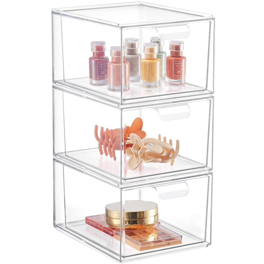 Syntus 3 Piece Set Stackable Makeup Organizer Drawers, 4.4'' Tall Acrylic Bathroom Storage Drawer, Plastic Cosmetics Box for Vanity, Undersink, Skincare, Kitchen Cabinets, Pantry Organization